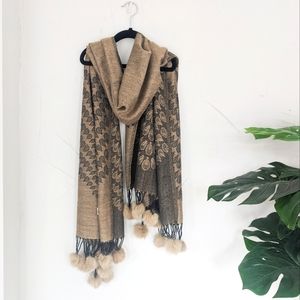 French Pashmina Cashmere Scarf with Rabbit Fur PomPom Trim